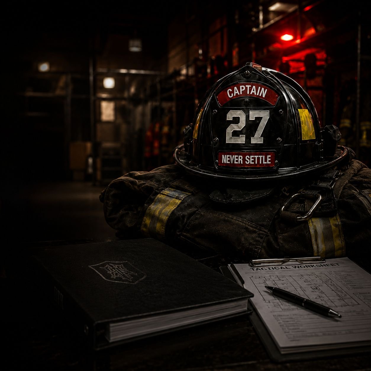 Fire captain's helmet resting on turnout gear beside a tactical worksheet