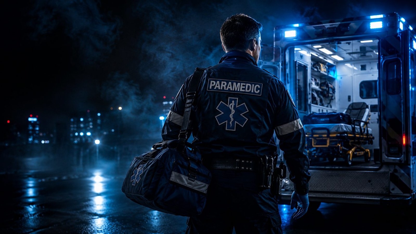 Paramedic crew treating a patient at the back of an ambulance on a wet city street at night