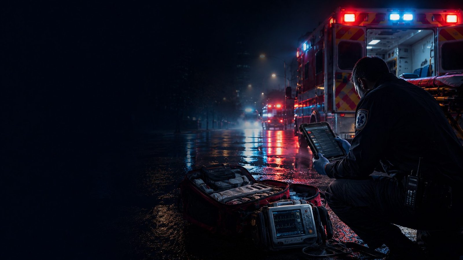 Paramedic using a tablet beside a cardiac monitor at the back of an ambulance at night